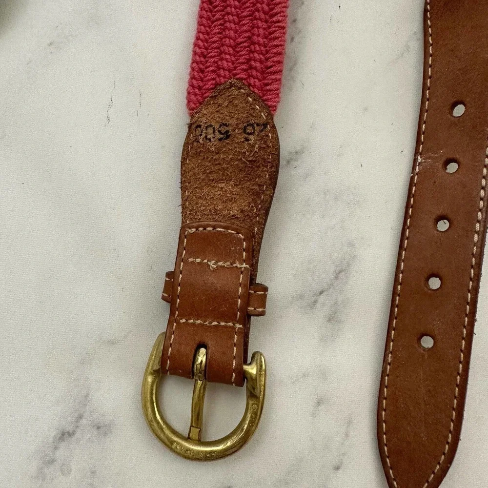 Lands End Vintage 90s Woven Stretchy Belt Size XS/S Pink Brown Leather Trim